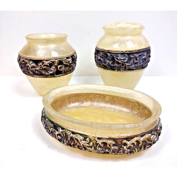 Wamsutta Other - Vintage Wamsutta Adagio Bronze & Pearl Ivory Faux Marble Bathroom Set Soap Tooth